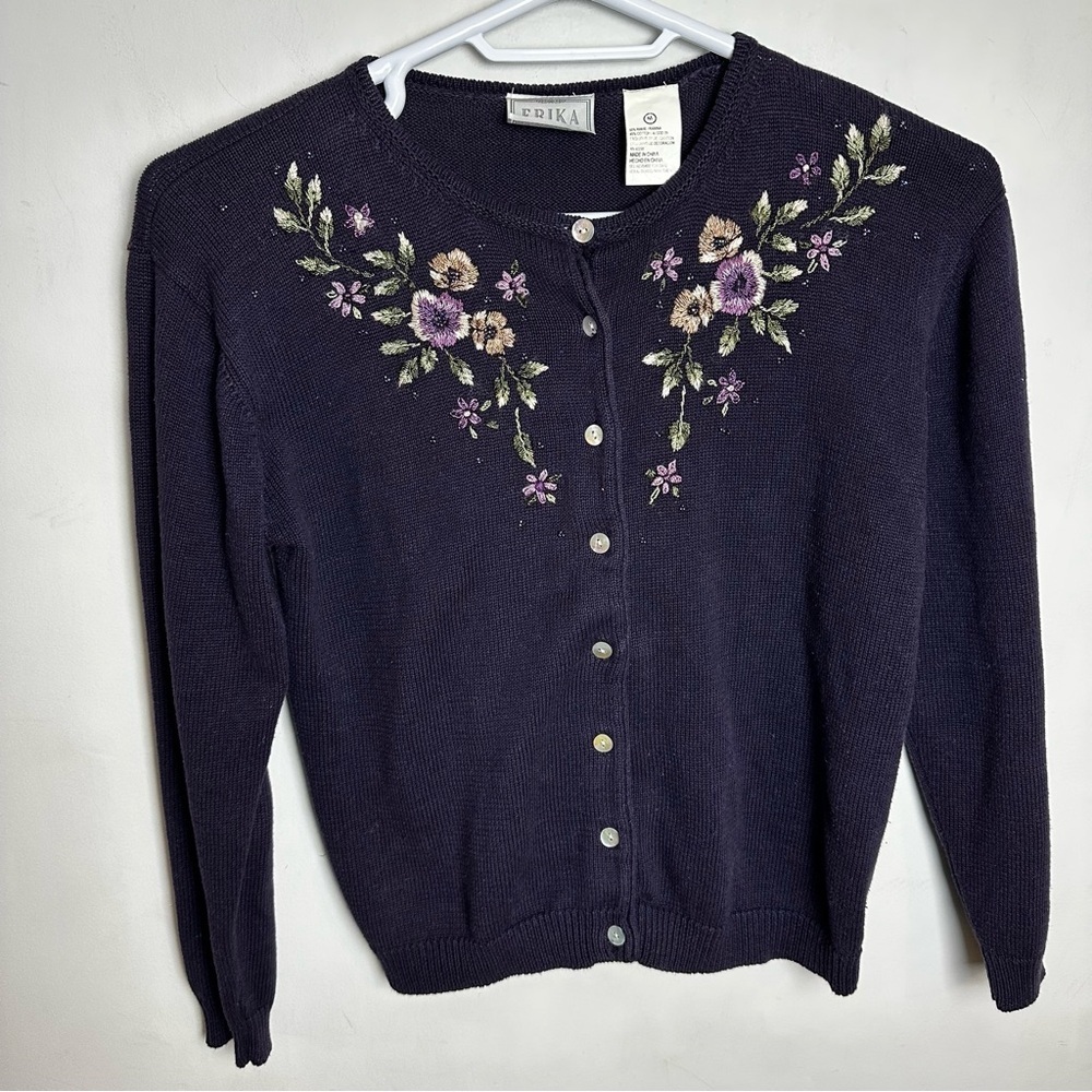 Vintage Erika Embroidered Cardigan Women's Size Medium Sweater Purple 90s Floral